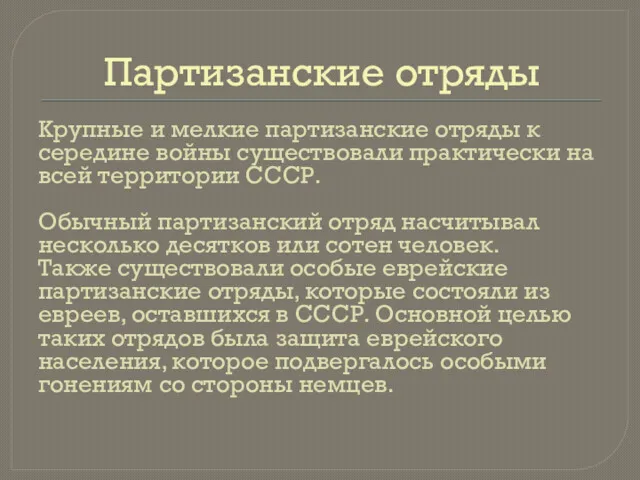 Партизанские отряды Крупные и мелкие партизанские отряды к середине войны