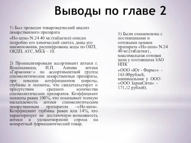 Выводы по главе 2 1) Был проведен товароведческий анализ лекарственного