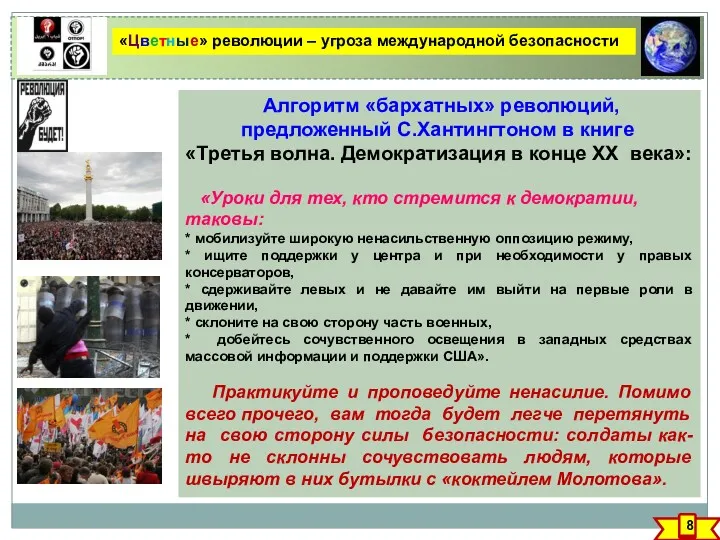 «Цветные» революции – угроза международной безопасности Алгоритм «бархатных» революций, предложенный