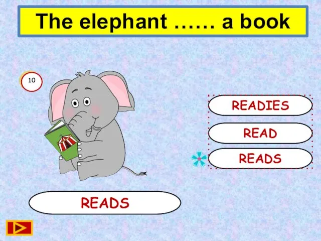 READS READS READ READIES 10 The elephant …… a book