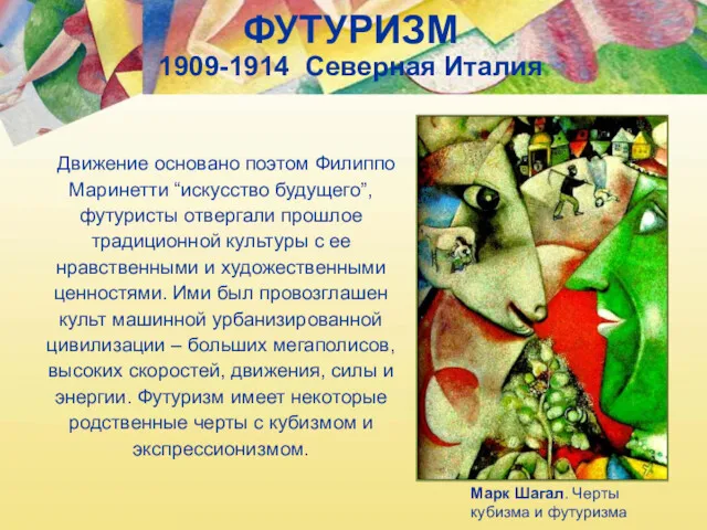 ФУТУРИЗМ 1909-1914 Северная Италия Марк Шагал. Черты кубизма и футуризма