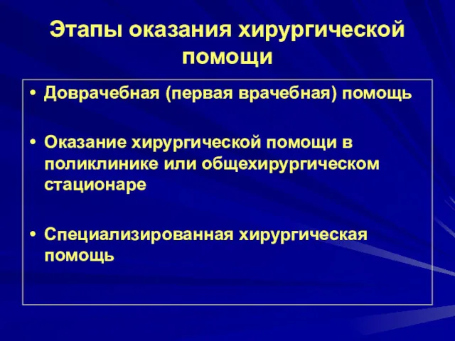 Этапы оказания хирургической помощи Доврачебная (первая врачебная) помощь Оказание хирургической