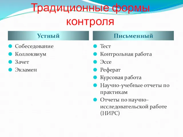 Традиционные формы контроля Устный Письменный Собеседование Коллоквиум Зачет Экзамен Тест