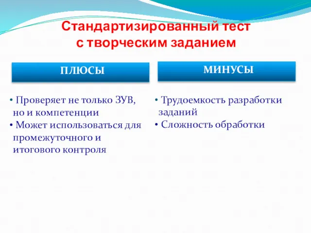 Стандартизированный тест с творческим заданием ПЛЮСЫ МИНУСЫ Проверяет не только