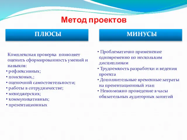 Метод проектов Проблематично применение одновременно по нескольким дисциплинам Трудоемкость разработки