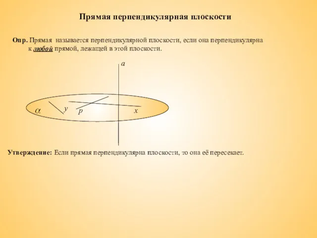 Прямая перпендикулярная плоскости Опр. Прямая называется перпендикулярной плоскости, если она