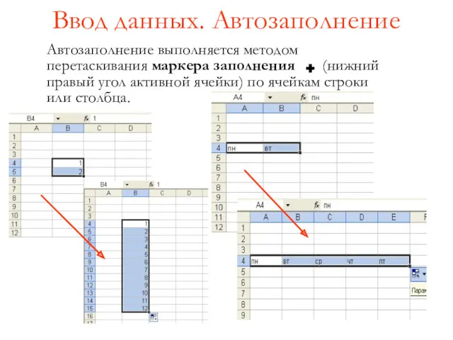 Ввод данных. Автозаполнение Автозаполнение выполняется методом перетаскивания маркера заполнения (нижний правый угол активной