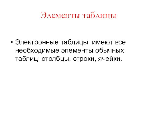 Элементы таблицы Электронные таблицы имеют все необходимые элементы обычных таблиц: столбцы, строки, ячейки.