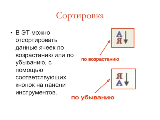 Сортировка В ЭТ можно отсортировать данные ячеек по возрастанию или