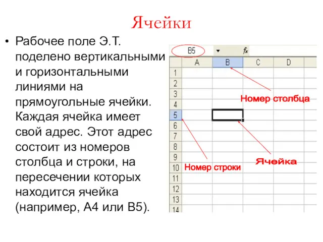 Ячейки Рабочее поле Э.Т. поделено вертикальными и горизонтальными линиями на прямоугольные ячейки. Каждая