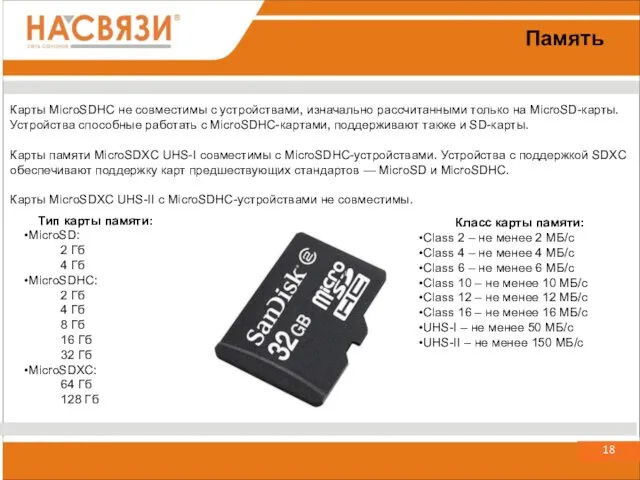 18 Память Тип карты памяти: MicroSD: 2 Гб 4 Гб