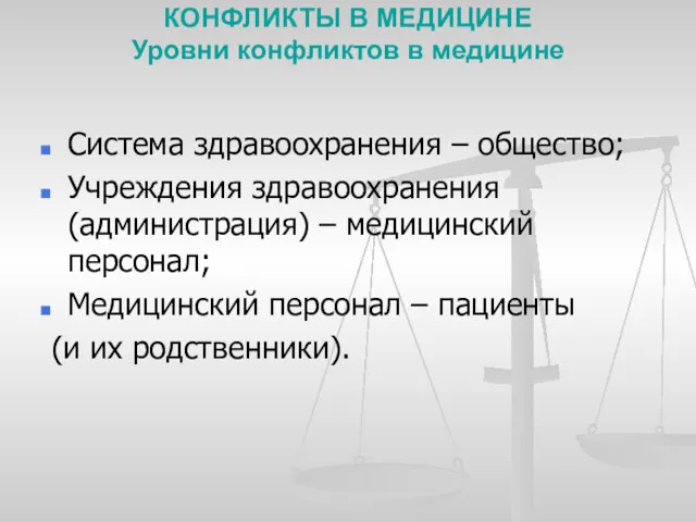 КОНФЛИКТЫ В МЕДИЦИНЕ Уровни конфликтов в медицине Система здравоохранения –