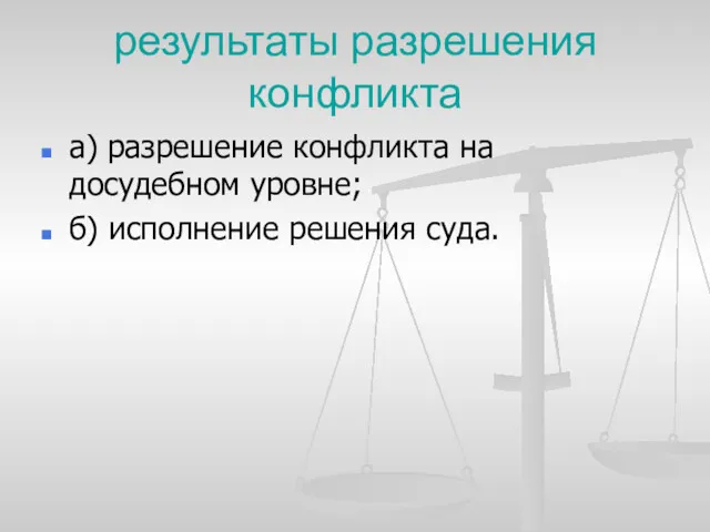 результаты разрешения конфликта а) разрешение конфликта на досудебном уровне; б) исполнение решения суда.