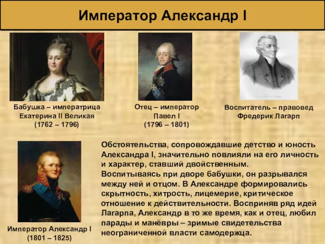 Император Александр I Бабушка – императрица Екатерина II Великая (1762 – 1796) Отец