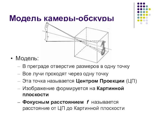 Модель камеры-обскуры Модель: В преграде отверстие размеров в одну точку