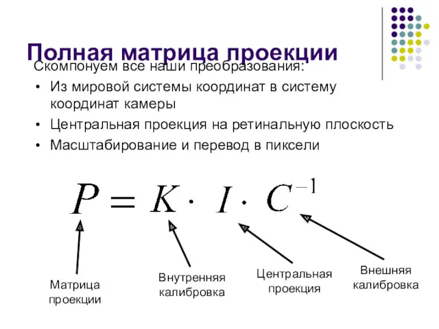 Полная матрица проекции Скомпонуем все наши преобразования: Из мировой системы