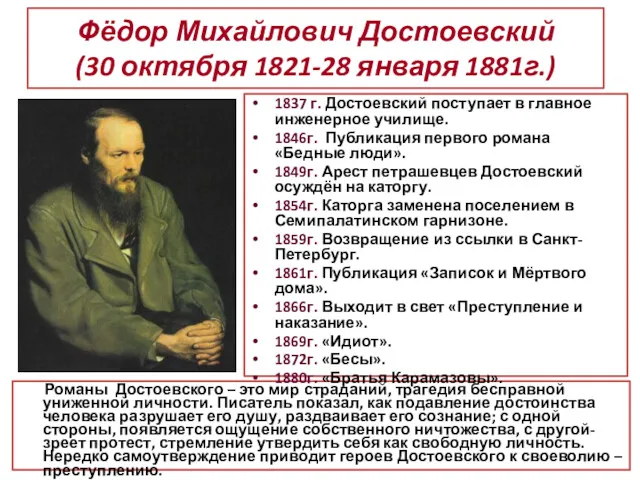 Фёдор Михайлович Достоевский (30 октября 1821-28 января 1881г.) Романы Достоевского – это мир