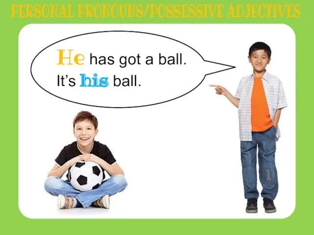 He has got a ball. It’s his ball. PERSONAL PRONOUNS/POSSESSIVE ADJECTIVES