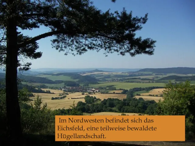 Im Nordwesten befindet sich das Eichsfeld, eine teilweise bewaldete Hügellandschaft.