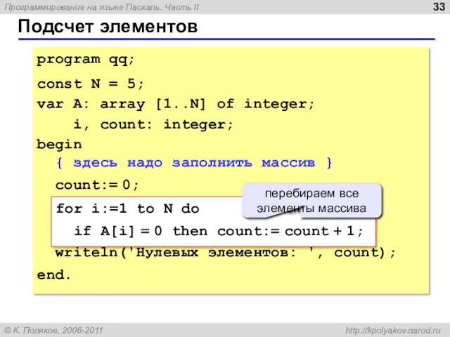 Подсчет элементов program qq; const N = 5; var A: