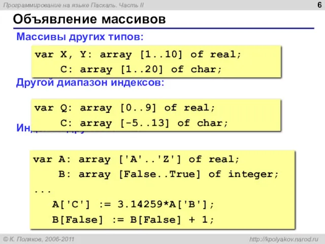 Объявление массивов Массивы других типов: Другой диапазон индексов: Индексы других