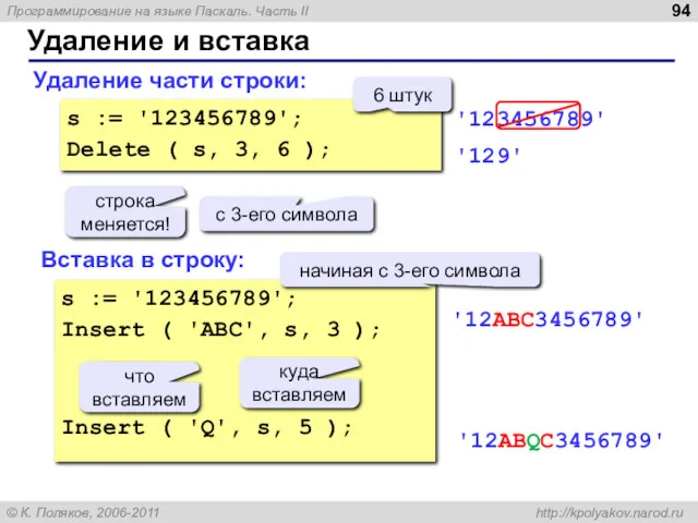 Удаление и вставка Удаление части строки: Вставка в строку: s