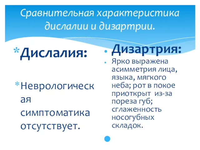 Сравнительная характеристика дислалии и дизартрии. Дислалия: Неврологическая симптоматика отсутствует. Дизартрия: