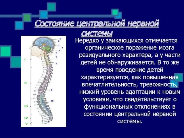 Состояние центральной нервной системы Нередко у заикающихся отмечается органическое поражение