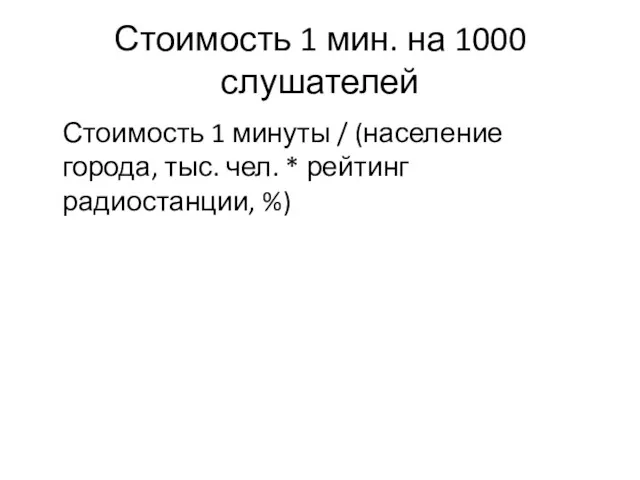 Стоимость 1 мин. на 1000 слушателей Стоимость 1 минуты / (население города, тыс.