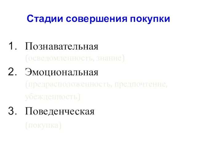 Стадии совершения покупки Познавательная (осведомленность, знание) Эмоциональная (предрасположенность, предпочтение, убежденность) Поведенческая (покупка)