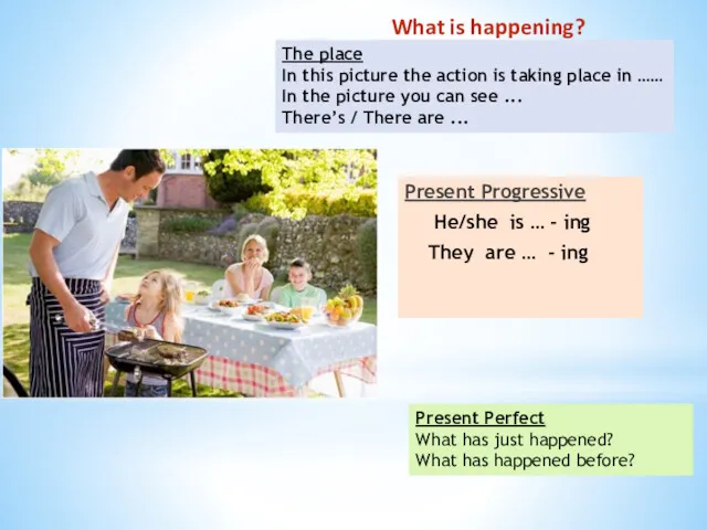 What is happening? Present Progressive He/she is … - ing