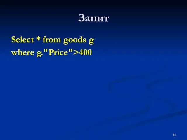Запит Select * from goods g where g."Price">400
