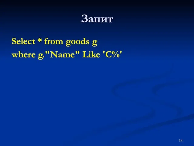 Запит Select * from goods g where g."Name" Like 'С%'