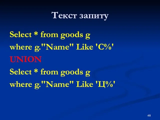 Текст запиту Select * from goods g where g."Name" Like