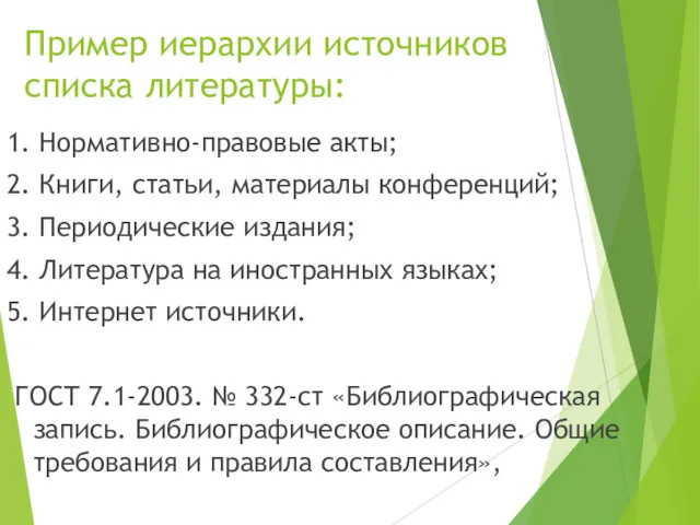 Пример иерархии источников списка литературы: 1. Нормативно-правовые акты; 2. Книги,