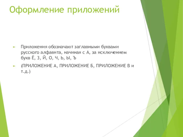 Оформление приложений Приложения обозначают заглавными буквами русского алфавита, начиная с