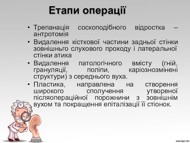 Етапи операції Трепанація соскоподібного відростка – антротомія Видалення кісткової частини