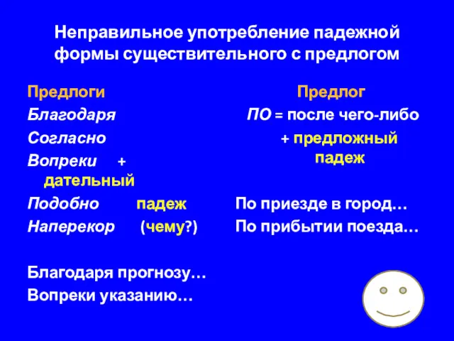 Неправильное употребление падежной формы существительного с предлогом Предлоги Благодаря Согласно