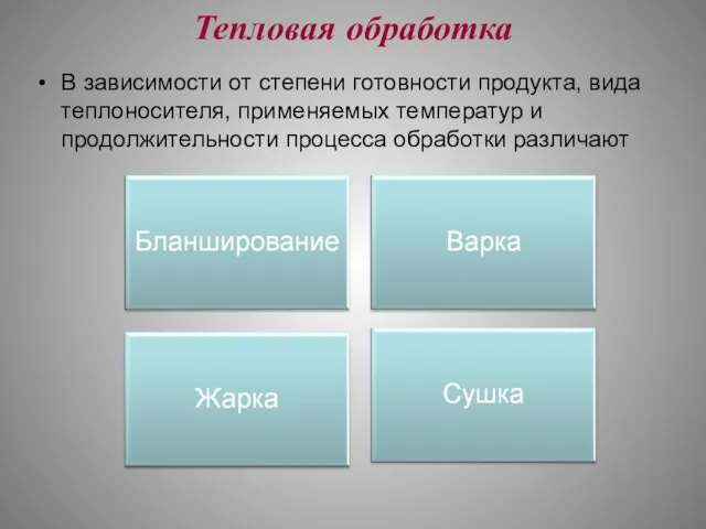 Тепловая обработка В зависимости от степени готовности продукта, вида теплоносителя,