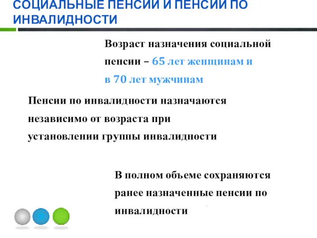 СОЦИАЛЬНЫЕ ПЕНСИИ И ПЕНСИИ ПО ИНВАЛИДНОСТИ Возраст назначения социальной пенсии