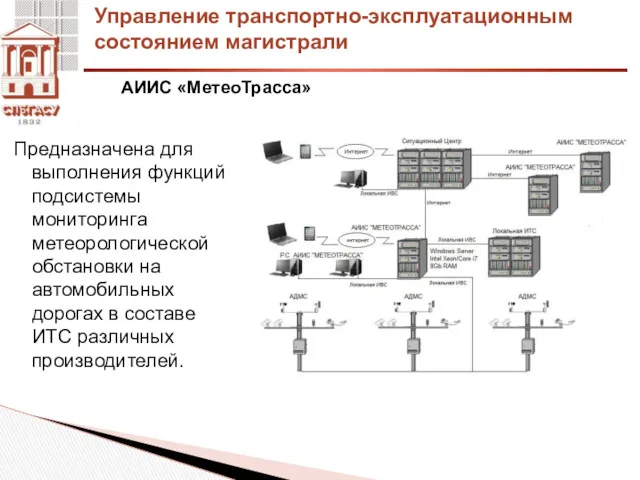 АИИС «МетеоТрасса» Управление транспортно-эксплуатационным состоянием магистрали Предназначена для выполнения функций