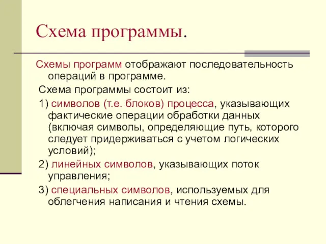 Схема программы. Схемы программ отображают последовательность операций в программе. Схема