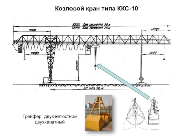 Козловой кран типа ККС-10 Грейфер двухчелюстной двухканатный