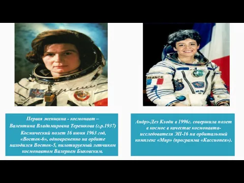 Первая женщина - космонавт – Валентина Владимировна Терешкова (г.р.1937) Космический