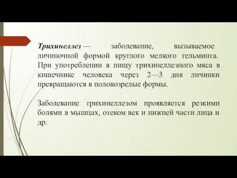 Трихинеллез — заболевание, вызываемое личиночной формой круглого мелкого гельминта. При