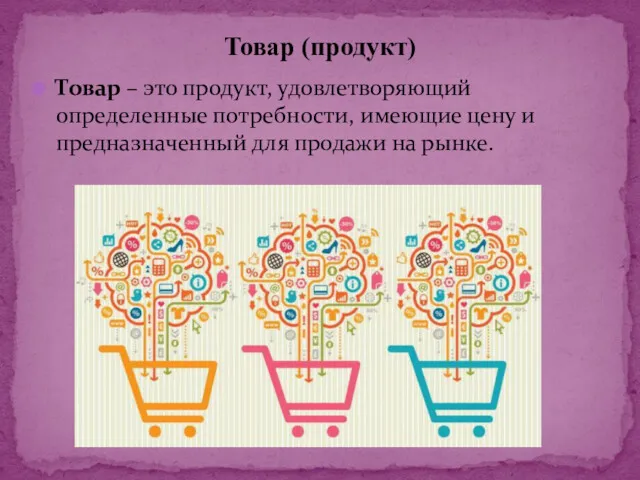 Товар – это продукт, удовлетворяющий определенные потребности, имеющие цену и