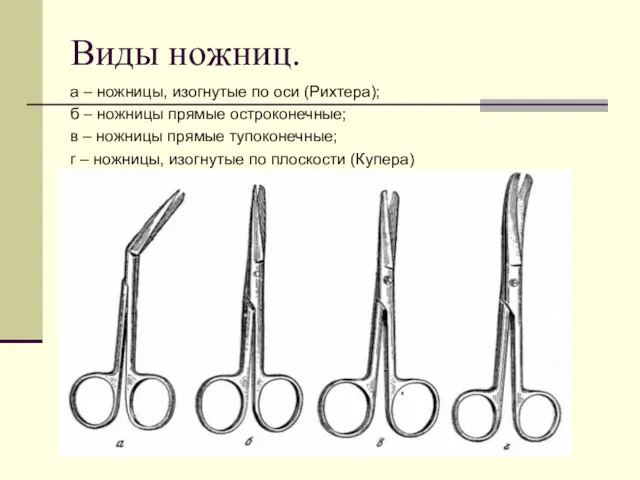 Виды ножниц. а – ножницы, изогнутые по оси (Рихтера); б