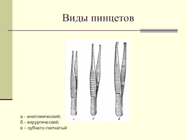 Виды пинцетов а - анатомический; б - хирургический; в – зубчато-лапчатый