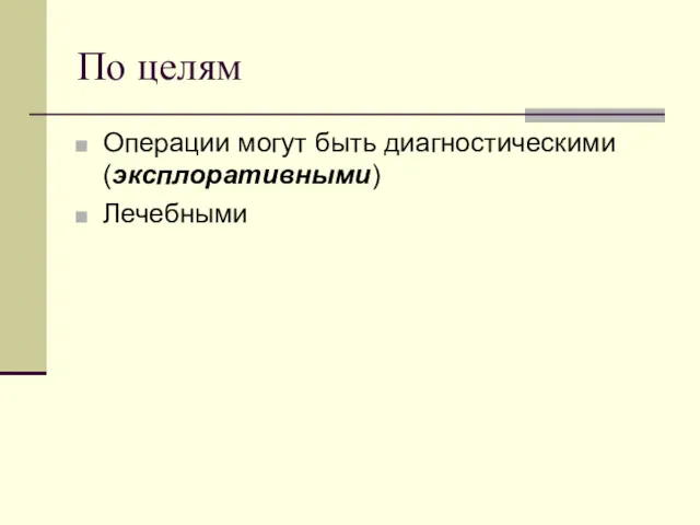 По целям Операции могут быть диагностическими (эксплоративными) Лечебными