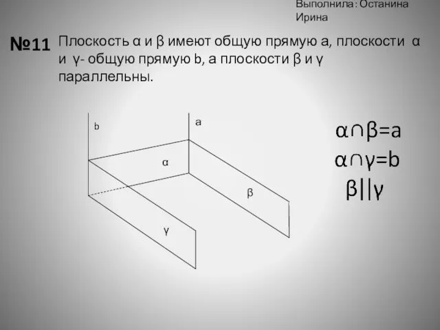 Выполнила: Останина Ирина №11 Плоскость α и β имеют общую